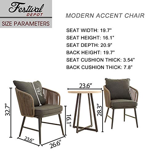 Festival Depot 3 Pieces Patio Furniture Outdoor Bistro Set Iron Desktop Wood Grain Circle Coffee Side Table Slatted Steel Frame