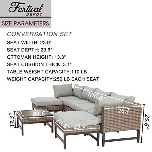 Festival Depot 7 Pieces Patio Outdoor Furniture Conversation Sets Sectional Corner Sofa with Wicker Chairs, Ottoman, Coffee Table and Seating Thick Soft Cushion(Grey)