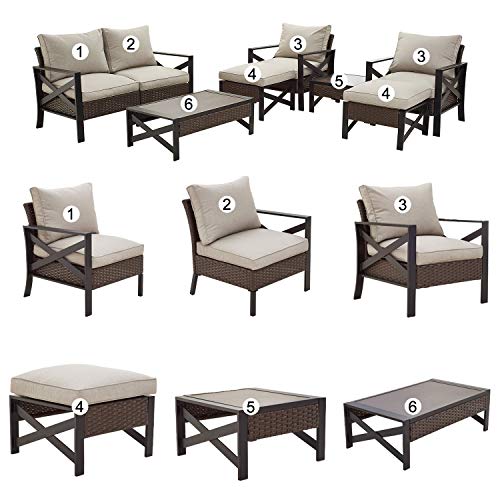 Festival Depot 8 Pcs Patio Outdoor Furniture Conversation Set Sectional Corner Sofa with All-Weather Brown PE Rattan Wicker Back Chair, Ottoman, Coffee Side Table and Removable Couch Cushions