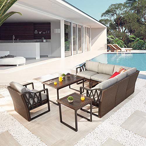 Festival Depot 8pcs Outdoor Furniture Patio Conversation Set Sectional Corner Sofa Chairs All Weather Brown Rattan Wicker Slatted Coffee Table End Table with Grey Thick Seat Back Cushions, Black