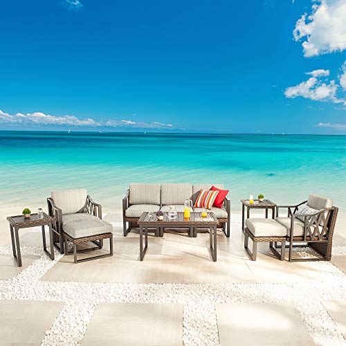 Festival Depot 10Pc Outdoor Furniture Patio Conversation Set Sectional Sofa Chairs All Weather Wicker Ottoman Metal Frame Square Slatted Coffee Table with Thick Grey Seat Back Cushions Without Pillows