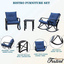 Festival Depot 3-Piece Patio Outdoor Rocking Chairs Wicker Rattan Bistro Furniture Conversation Sets with Coffee Table and Thick Blue Cushions for Porch Lawn Garden Balcony Pool Backyard