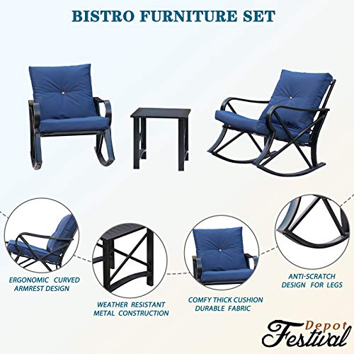 Festival Depot 3-Piece Patio Outdoor Rocking Chairs Wicker Rattan Bistro Furniture Conversation Sets with Coffee Table and Thick Blue Cushions for Porch Lawn Garden Balcony Pool Backyard