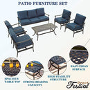 Festival Depot 6Pcs Outdoor Furniture Patio Conversation Set All Weather Black Metal Armchairs with Seat and Back Cushions, Rectangle Coffee Table for Deck Lawn Garden, Beige