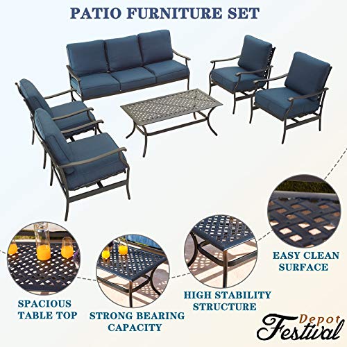 Festival Depot 6Pcs Outdoor Furniture Patio Conversation Set All Weather Black Metal Armchairs with Seat and Back Cushions, Rectangle Coffee Table for Deck Lawn Garden, Beige
