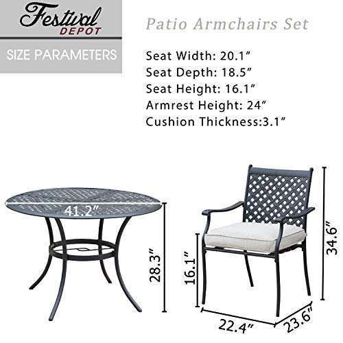 Festival Depot 5 Piece Patio Dining Set Metal Chairs with Seat Cushions and Round Iron Table with Umbrella Hole All Weather Outdoor Furniture for Bistro Deck Garden