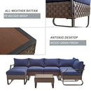 Festival Depot 7 Pieces Patio Outdoor Furniture Conversation Sets Chairs Sectional Corner Sofa, All-Weather Wicker Back Chair with Coffee Square Table and Thick Soft Removable Couch Cushions (Blue)