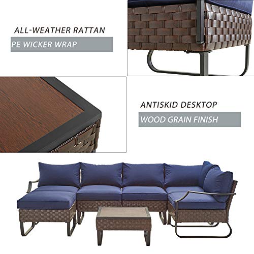 Festival Depot 7 Pieces Patio Outdoor Furniture Conversation Sets Chairs Sectional Corner Sofa, All-Weather Wicker Back Chair with Coffee Square Table and Thick Soft Removable Couch Cushions (Blue)