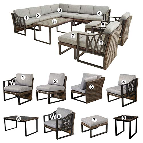 Festival Depot 13Pc Outdoor Furniture Patio Conversation Set Sectional Corner Sofa Chairs All Weather Wicker Ottoman Metal Frame Slatted Coffee Table with Thick Grey Seat Back Cushions Without Pillows