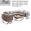 Festival Depot 8pcs Outdoor Furniture Patio Conversation Set Sectional Corner Sofa Chairs with X Shaped Metal Leg All Weather Brown Rattan Wicker Rectangle Coffee Table with Grey Seat Back Cushions