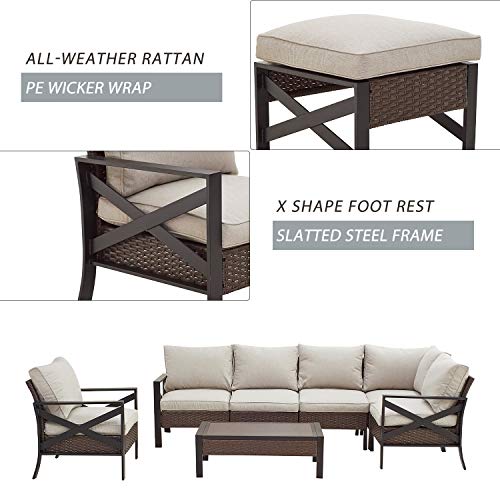 Festival Depot 7 Pcs Patio Outdoor Furniture Conversation Set Sectional Corner Sofa with All-Weather Brown Wicker Back Chair, Coffee Side Table, Ottoman and Soft Thick Removable Couch Cushions