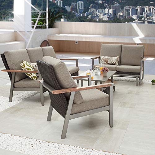 Festival Depot 4pcs Patio Conversation Set Wicker Armchair Glider Loveseat All Weather Rattan 3-Seater Sofa with Thick Cushions and Coffee Table in Metal Frame Outdoor Furniture for Deck