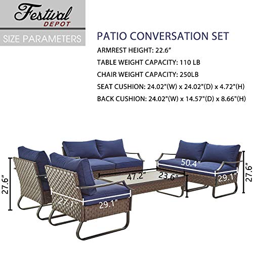Festival Depot 7 Pieces Patio Conversation Sets Outdoor Furniture Loveseat Sectional Sofa with All-Weather PE Rattan Wicker Back Armchair, Coffee Table and Soft Removable Couch Cushions (Blue)