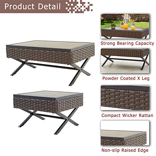 Festival Depot 12pcs Outdoor Furniture Patio Conversation Set Sectional Corner Sofa Chairs with X Shaped Metal Leg All Weather Brown Rattan Wicker Rectangle Coffee Table with Grey Seat Back Cushions