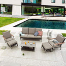 Festival Depot 6pcs Patio Conversation Set All Weather Metal Armchair Rattan Wicker Ottoman 3-Seater Sofa with Grey Thick Seat Back Cushions and Coffee Table Outdoor Furniture for Garden Deck