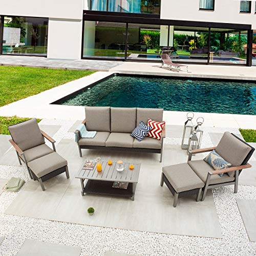 Festival Depot 6pcs Patio Conversation Set All Weather Metal Armchair Rattan Wicker Ottoman 3-Seater Sofa with Grey Thick Seat Back Cushions and Coffee Table Outdoor Furniture for Garden Deck
