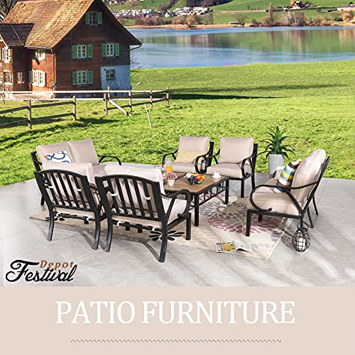 Festival Depot 10pcs Patio Conversation Set Sectional Metal Chairs with Cushions and Coffee Tables All Weather Outdoor Furniture for Garden Backyard, Beige