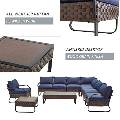 Festival Depot 10 Pcs Patio Conversation Sets Outdoor Furniture Sectional Corner Sofa with All-Weather PE Rattan Wicker Chair Coffee Table and Thick Soft Removable Couch Cushions (Blue)