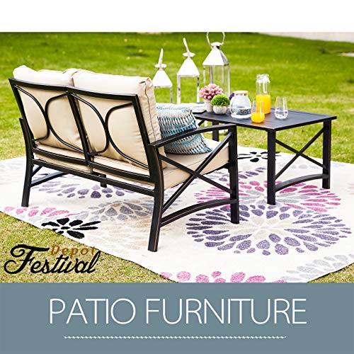 Festival Depot 2pcs Outdoor Furniture Patio Conversation Set Metal Coffee Table Loveseat Armchairs with Seat and Back Cushions Without Pillows for Lawn Beach Backyard Pool, Khaki