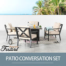 Festival Depot 5 Pieces Outdoor Fire Propane Pit Conversation Set, 4 Patio Dining Armchairs with Cushions Metal Frame and 34 inch 50000 BTU Auto-Ignition Square Propane Gas Fire Pit Table (Beige)