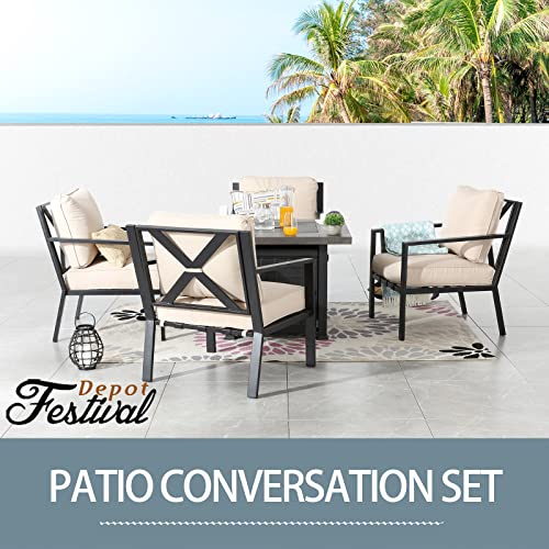 Festival Depot 5 Pieces Outdoor Fire Propane Pit Conversation Set, 4 Patio Dining Armchairs with Cushions Metal Frame and 34 inch 50000 BTU Auto-Ignition Square Propane Gas Fire Pit Table (Beige)
