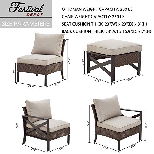 Festival Depot 4-Piece Patio Conversation Set Combinations Armchair Outdoor All-Weather Wicker Metal Chairs for Porch Lawn Garden Balcony Pool Backyard, Thick Cushions