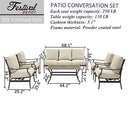 Festival Depot 6Pcs Outdoor Furniture Patio Conversation Set All Weather Black Metal Armchairs with Seat and Back Cushions, Rectangle Coffee Table for Deck Lawn Garden, Beige