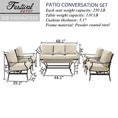 Festival Depot 6Pcs Outdoor Furniture Patio Conversation Set All Weather Black Metal Armchairs with Seat and Back Cushions, Rectangle Coffee Table for Deck Lawn Garden, Beige