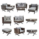 Festival Depot 8pcs Outdoor Furniture Patio Conversation Set Sectional Sofa Chairs with X Shaped Metal Leg All Weather Brown Rattan Wicker Ottoman Coffee Table with Grey Thick Seat Back Cushions