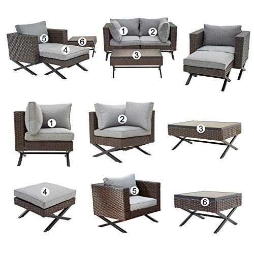Festival Depot 8pcs Outdoor Furniture Patio Conversation Set Sectional Sofa Chairs with X Shaped Metal Leg All Weather Brown Rattan Wicker Ottoman Coffee Table with Grey Thick Seat Back Cushions