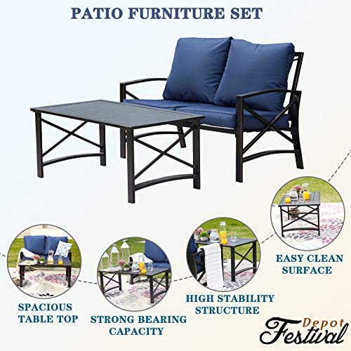 Festival Depot 2pcs Outdoor Furniture Patio Conversation Set Metal Coffee Table Loveseat Armchairs with Seat and Back Cushions Without Pillows for Lawn Beach Backyard Pool, Khaki