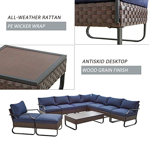 Festival Depot 10 Pcs Patio Conversation Sets Outdoor Furniture Sectional Corner Sofa with All-Weather PE Rattan Wicker Chair Coffee Table and Thick Soft Removable Couch Cushions (Blue)