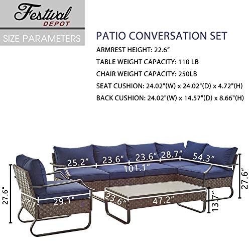 Festival Depot 7 Pieces Patio Conversation Sets Outdoor Furniture Sectional Corner Sofa with All-Weather PE Rattan Wicker Back Armchair, Coffee Table and Thick Soft Removable Couch Cushions (Blue)