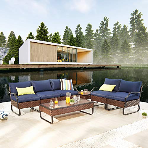 Festival Depot 7 Pieces Patio Conversation Sets Outdoor Furniture Loveseats Sectional Sofa with All-Weather PE Rattan Wicker Back Chair, Coffee Side Table and Soft Removable Couch Cushions(Blue)