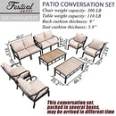 Festival Depot 10pcs Patio Conversation Set Sectional Metal Chairs with Cushions and Coffee Tables Outdoor All Weather Furniture for Garden Backyard, Beige