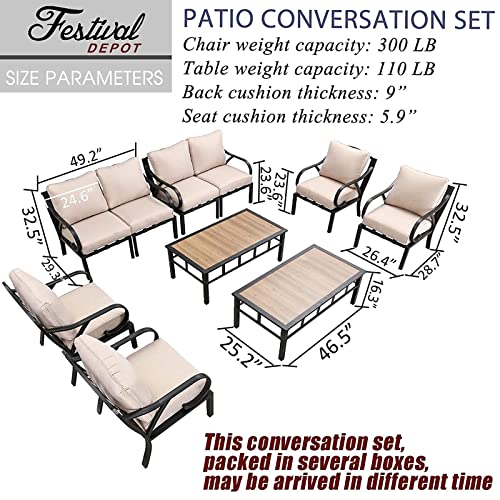 Festival Depot 10pcs Patio Conversation Set Sectional Metal Chairs with Cushions and Coffee Tables Outdoor All Weather Furniture for Garden Backyard, Beige