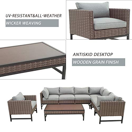 Festival Depot 8 Pieces Outdoor Furniture Patio Conversation Set Combination Sectional Corner Sofa All-Weather Woven Wicker Metal Chairs with Seating Back Cushions Side Coffee Table, Gray