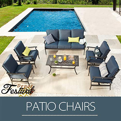 Festival Depot 6Pcs Outdoor Furniture Patio Conversation Set All Weather Black Metal Armchairs with Seat and Back Cushions, Rectangle Coffee Table for Deck Lawn Garden, Beige