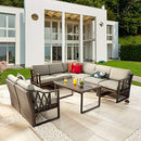 Festival Depot 9pcs Outdoor Furniture Patio Conversation Set Sectional Corner Sofa Chairs All Weather Brown Rattan Wicker Slatted Coffee Table with Grey Thick Seat Back Cushions, Black