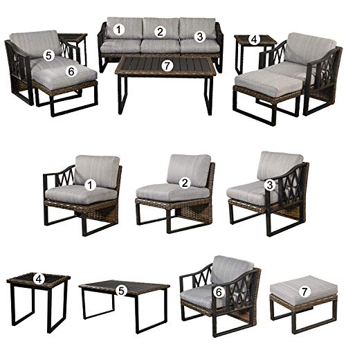 Festival Depot 10Pc Outdoor Furniture Patio Conversation Set Sectional Sofa Chairs All Weather Wicker Ottoman Metal Frame Square Slatted Coffee Table with Thick Grey Seat Back Cushions Without Pillows