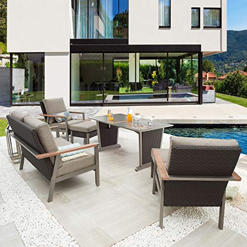Festival Depot 6pcs Patio Conversation Set Metal Armchair All Weather Wicker Loveseat Rattan Ottoman with Grey Thick Cushions and Coffee Table Outdoor Furniture for Deck Poolside