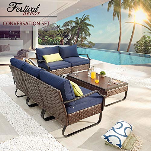 Festival Depot 7 Pieces Patio Conversation Sets Outdoor Furniture Loveseats Sectional Sofa with All-Weather PE Rattan Wicker Back Chair, Coffee Side Table and Soft Removable Couch Cushions(Blue)