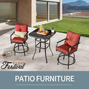 Festival Depot 3 Pcs Outdoor Furniture Bar Stools Set of 2 Swivel Chairs with Cushions and 1 High Bistro Tables with Tempered Glass Tabletop in Metal Frame (Red)