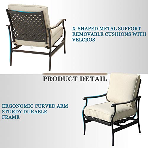 Festival Depot 6Pcs Outdoor Furniture Patio Conversation Set All Weather Black Metal Armchairs with Seat and Back Cushions, Rectangle Coffee Table for Deck Lawn Garden, Beige