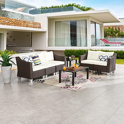Festival Depot 7 Pcs Patio Conversation Set Outdoor Furniture Combination Sectional Sofa All-Weather PE Wicker Metal Armchairs with Seating Back Cushions Side Coffee Table (Beige)