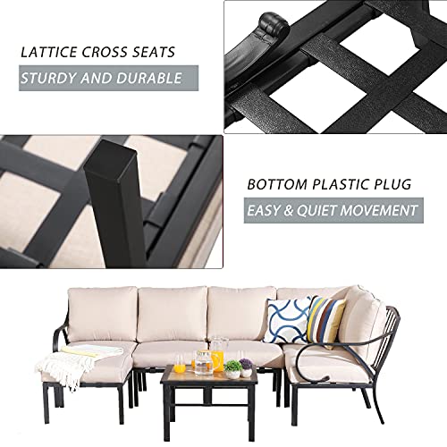 Festival Depot 7 Pcs Patio Conversation Set Sectional Corner Chair Ottoman with Thick Cushions and Side Table All Weather Metal Outdoor Furniture for Deck Poolside, Beige