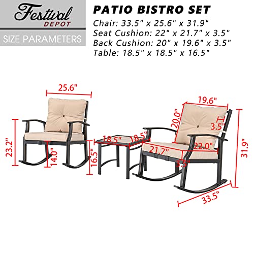 Festival Depot 3-Piece Patio Bistro Set Conversation Set Rocking Chair Set with Side Coffee Table Outdoor Furniture with Hand-Woven Textilene Rope Backrest (Black Metal Frame with Beige Cushion)