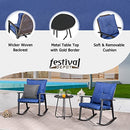 Deluxe 3 Piece Blue PE Wicker Rocking Chair Bistro Set with Cushions and Metal Coffee Table