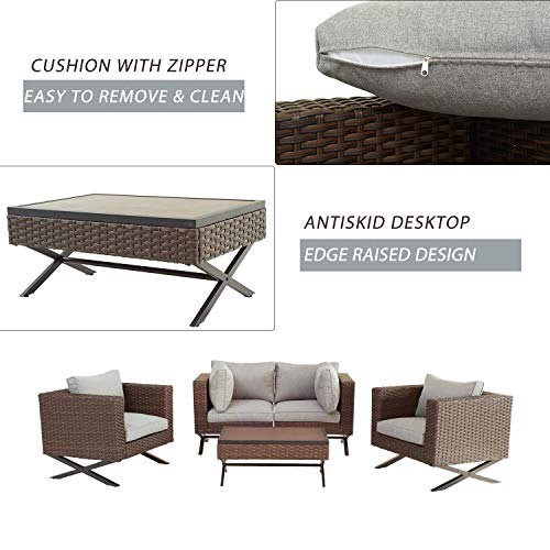 Festival Depot 5 Piece Patio Outdoor Furniture Conversation Set Wicker Rattan Armchair Corner Sofa and Coffee Table X Shaped Slatted Steel Frame Leg for Porch Lawn Garden Balcony Pool Backyard