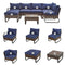 Festival Depot 7 Pieces Patio Outdoor Furniture Conversation Sets Chairs Sectional Corner Sofa, All-Weather Wicker Back Chair with Coffee Square Table and Thick Soft Removable Couch Cushions (Blue)